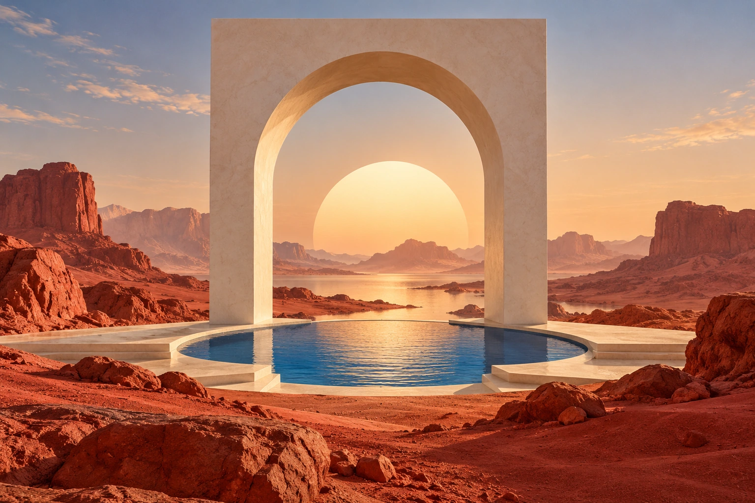 Dreamlike desert architecture and a cobalt pool
