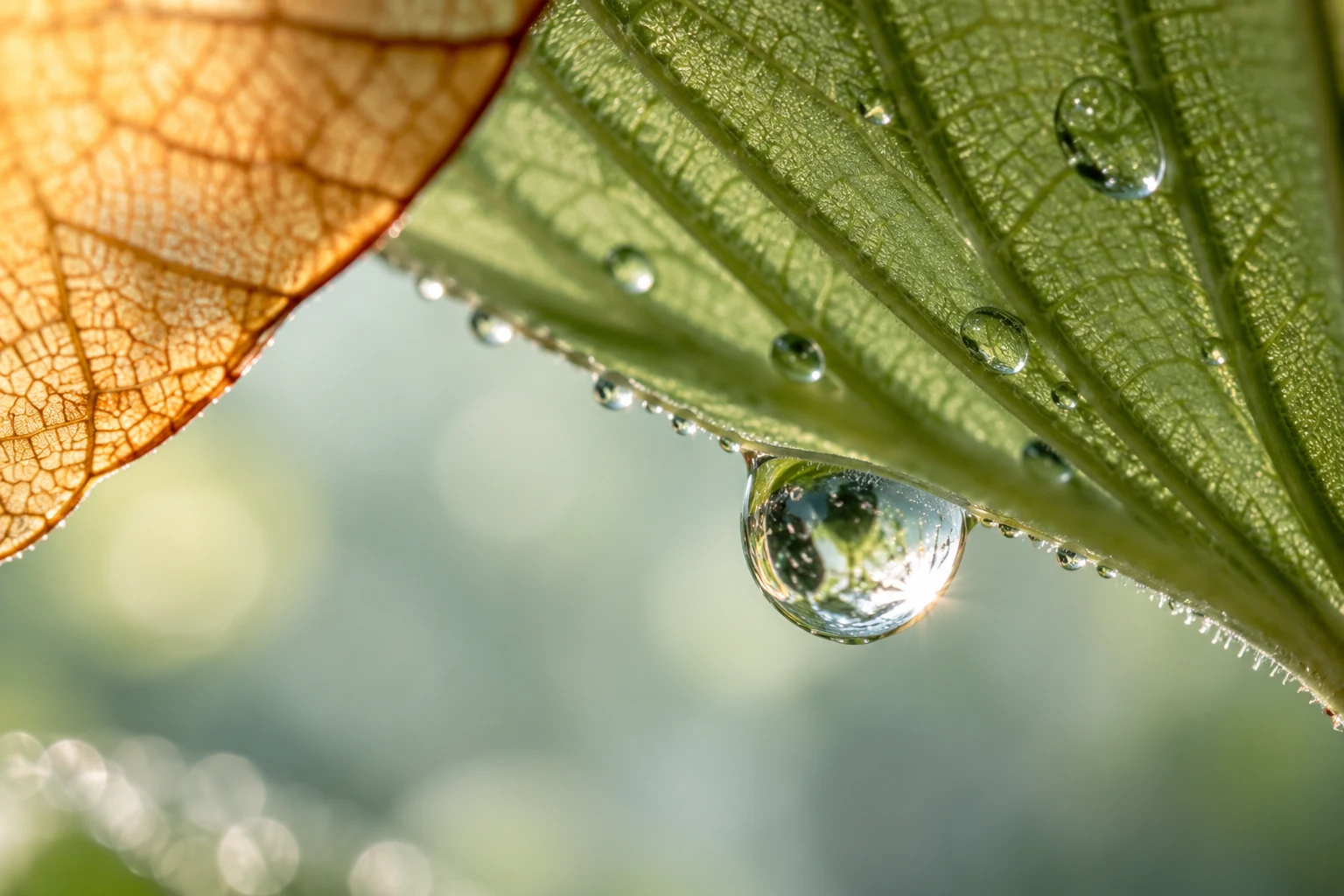 A droplet, a leaf and a different scale of attention.