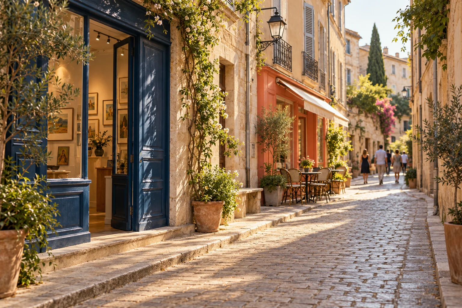 A sunlit side street with a small gallery and café