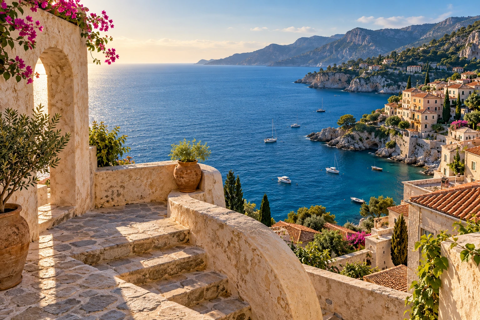 Sunlit coastal village and a vivid blue sea