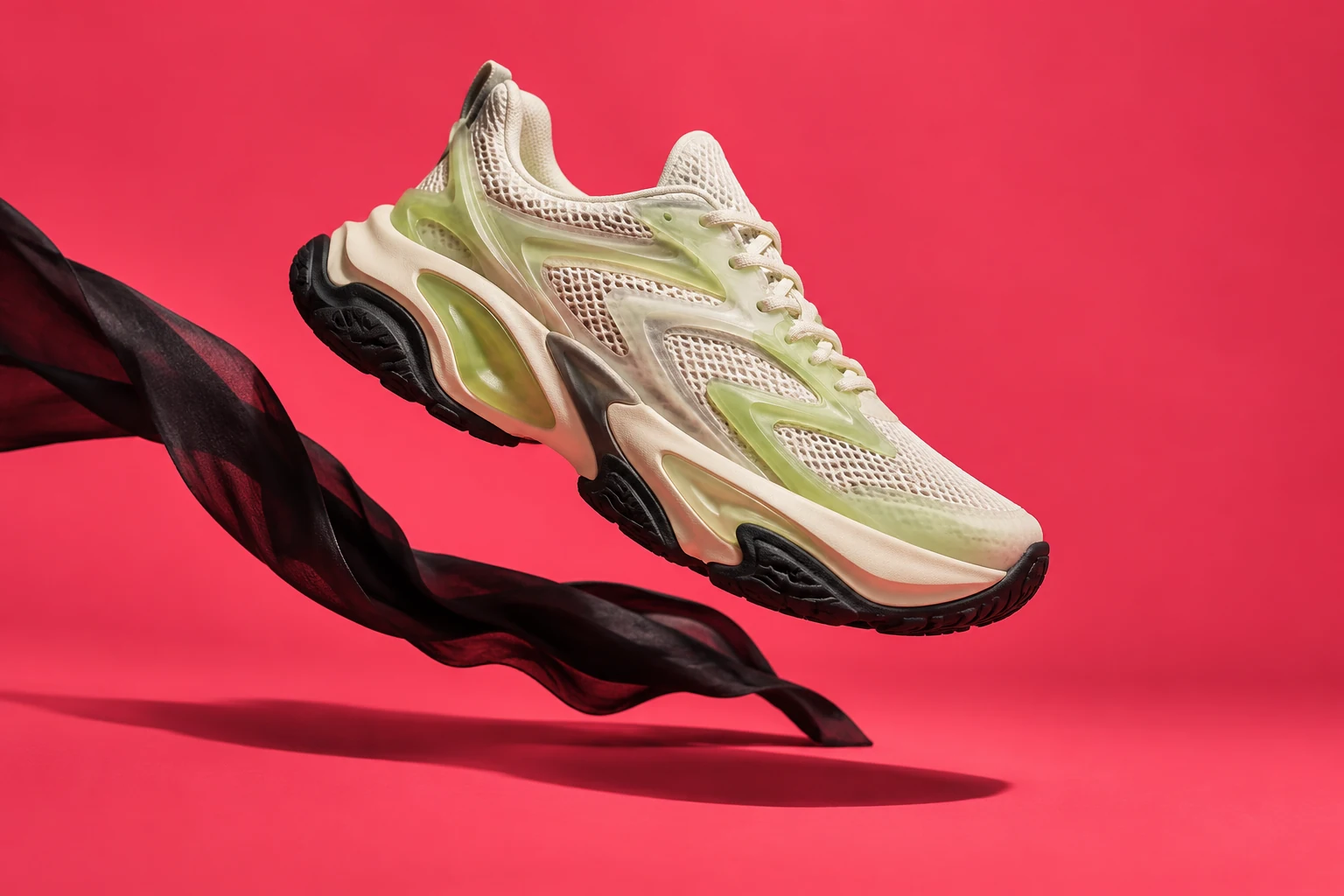Sculptural cream and lime footwear in the Kinetic campaign study